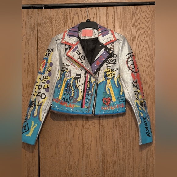 Akira Azalea Wang Leather Graffiti Studded Biker Jacket - Picture 1 of 10